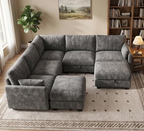 Image of Modular Sectional Sofa, Oversized V-Shaped Couch with Storage | High Resilience Foam, 22 inch Seat Depth, Movable Ottoman, Comfy Chenille, Easy Assembly, Dark Gray