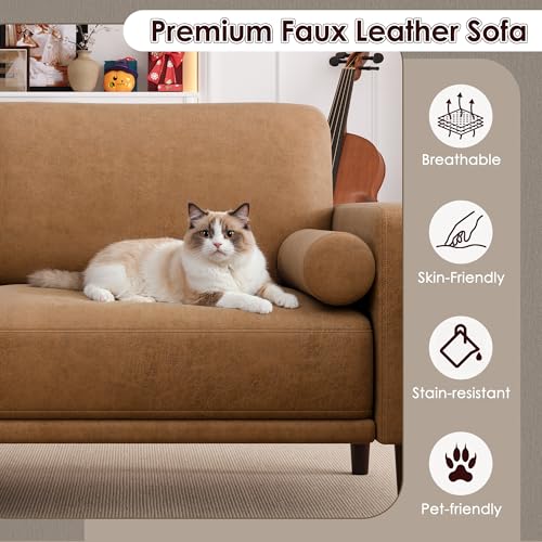 Image of HIFIT 79'' Mid Century Modern Faux Leather Couch Set for Living Room, Brown | 3 Seater Sofa Set, Deep Seat, Plush Cushion, Performance Pocket Spring, 2 Pillows, 800lb Capacity Home Sofa for Office, Brown