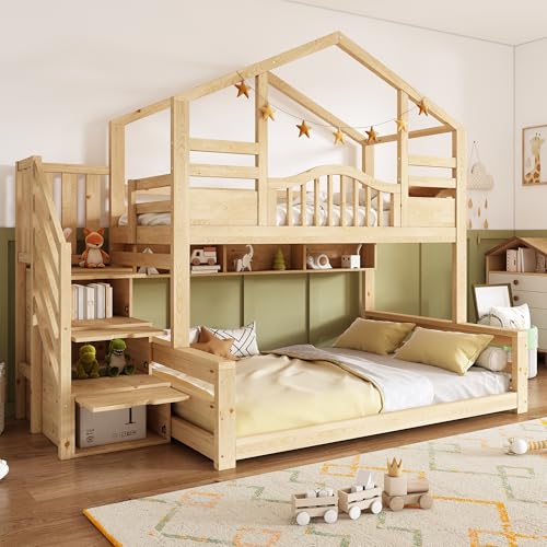 ECLIVON Cama Infantil Litera 90x200 y 140x200, Escalera con Espacio de Almacenamiento y Puertas, Cama Alta de Madera con Estantería, Camas con Somier y Protección Anticaídas, Sin Colchón, Natural