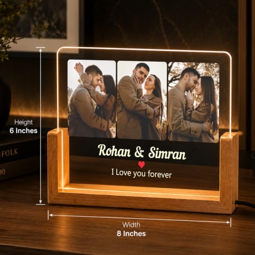 Image of Giftplease Personalized LED Acrylic Photo Frame with Custom Picture and Name, Romantic Couple Night Lamp, Wooden Base USB Table Decor, Anniversary Memory Display, Bedroom Home Accent Piece
