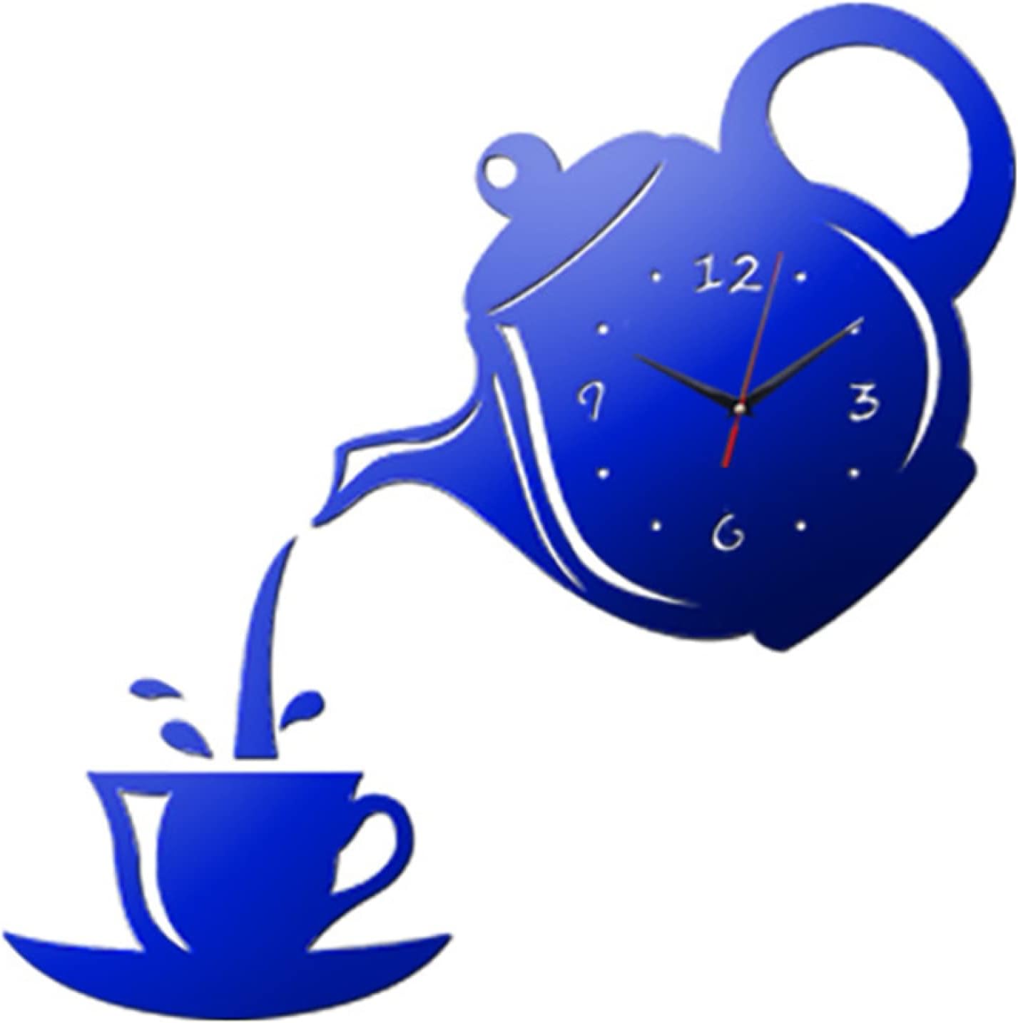 BaiWaNG Coffee Cup Teapot DIY Wall Clock Creative 3D Wall Clocks Kitchen Acrylic Mirror Sticker Decorative Living Room Home Decor Clock,Blue