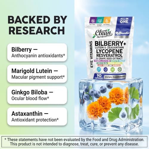 Image of Clean Nutra Multimacular Bilberry+ Lutein Zeaxanthin Lycopene Resveratrol with Flax Seed Grape Japanese Knotweed Ginkgo Biloba Sophora Japonica Coenzyme Copper Zinc Marigold Black Pepper 90 Capsules
