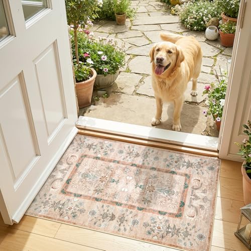 jinchan 2x3 Washable Entryway Area Rug, Vintage Floral Non-Slip, Dusty Pink