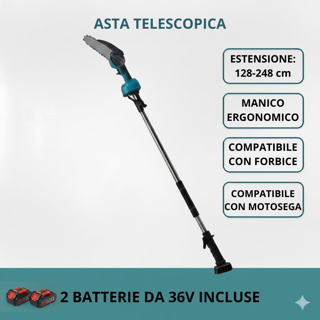 Kit Potatura 3 in 1 - Forbice a Batteria e Motosega 6 Pollici Elettrica con Asta Telescopica 128-248cm, Set Professionale per Giardinaggio con 2 Batterie 36V - DE ROSA SHOP