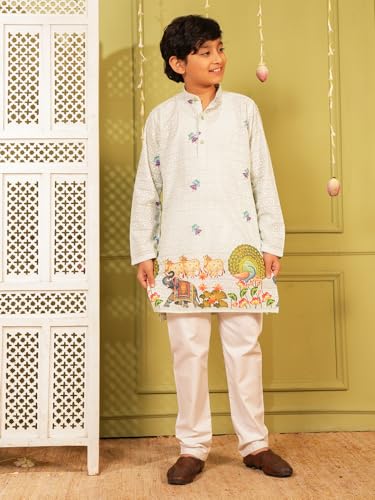 Image of AJ DEZINES Kurta Pajama For Kids Boys | Cotton Printed Chikankari Kurta Pyjama Set For Boys | Traditional & Festive Outfit | Party & Ethnic Wear | Stylish Kids Kurta Set