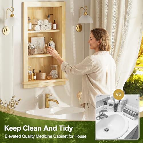 Armario de Medicina Empotrado en Pared de Madera Maciza, Organizador Decorativo para Baño o Sala de Estar, 14x24 pulgadas, Totalmente Armado, Natural miniatura 6