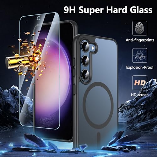 Magnetisch Für Samsung Galaxy S23 Hülle mit Panzerglas Glas,Militärschutz Handyhülle für Samsung S23 mit MagSafe Matt Transluzente Schutzfolie Schutzhülle Case Cover für Samsung S23(Schwarz) 2
