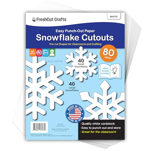 80 Pieces Snowflake Paper Cutouts with IDEA Guide, 2-Sided US Made Card Stock Punch Out White Snowflakes for Bulletin Boards, Classroom Decor - Small and Large Snowflake Decorations Winter Cutouts