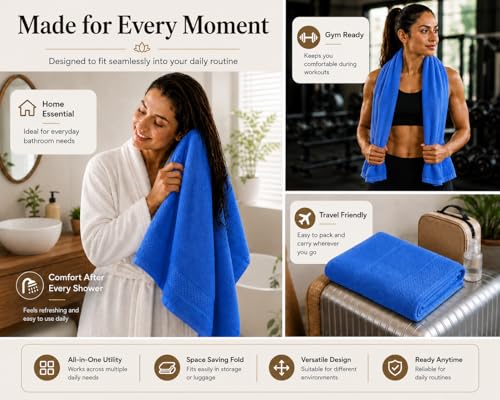 Image of 100% Pure Cotton Bath Towel for Men & Women | 380 GSM Ultra Soft, Highly Absorbent & Quick Dry Bath Towel | Large 55 x 28 Inch Matty Terry Towel for Bathroom, Gym, Travel & Daily Use | Dark Blue