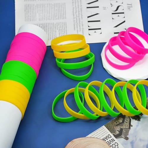 Ronglry 30pcs Neon Bracelets 80s Silicone Friendship Bracelet Bulk Colorful Silicone Wristbands Stretch Neon Bracelets for Glow Party Halloween Costume Accessories 80s Jewelry for Women Men4