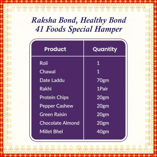 Image of 41foods Pyaar Ka Rista - Rakhi Gift Hamper 10 Item-Blue Bliss Elegant Peacock &Lumba Rakhi, Dates and Dry Fruit Laddoos, Healthy Baked Ragi stick- Bhai Bhabhi Rakhi Set with Gift