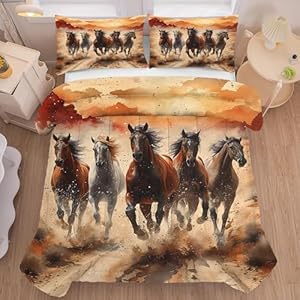 Horse Comforter Set Queen: Galloping Horse Bedding for Kids Teens Girls Boys Women Bedroom Bed Dorm Western Quilt 1 Comforter + 2 Pillow Cases Lb06-04 Queen