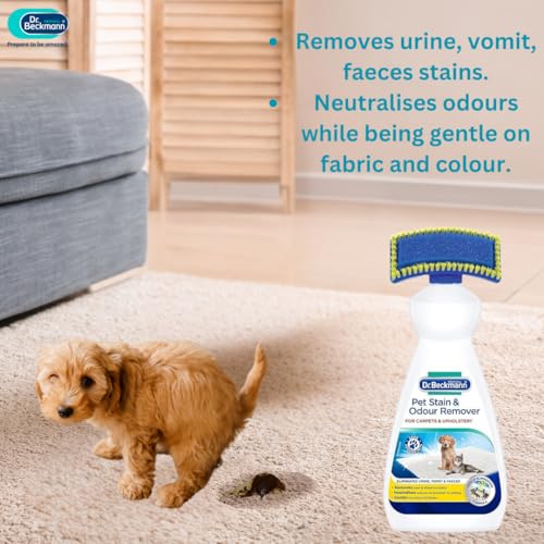Image of Dr. Beckmann Pet Odour & Instant Stain Remover, 650 ml with 2‑in‑1 Brush - Removes Urine, Vomit & Faeces, Oxi‑Power Formula, Orange Scent - Safe for Carpets, Sofa & Car Upholstery