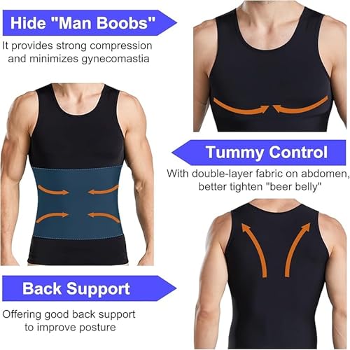 Image of Men's Compression Shirt 2-Pack Slimming Body Shaper Black Undershirt Vest Sleeveless Tummy Control Tank Top for Weight Loss Gym Workout Fitness and Everyday Wear