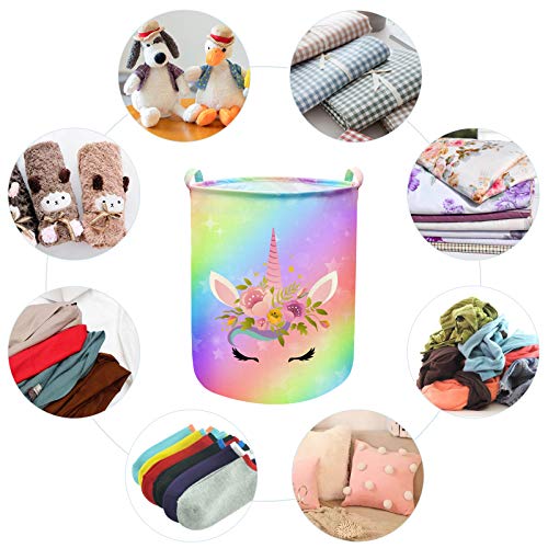 Image of Unicorn Laundry Basket Hamper Large Sized Round Storage Basket Waterproof Bin Collapsible Laundry Basket for Girls Room Organizer, Bedroom Nursery Playroom Clothes (43.3L)