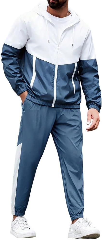 Tracksuit Mens Long Sleeve Jogging Suit Colour Block Zip Hooded Jacket with Trousers Long Sports Suit Leisure Suit Sports Outfits
