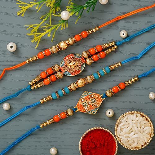 Image of eCraftIndia Set of 4 Blue & Orange Kundan Pearl Designer Rakhis, Best Bro Ever Fridge Magnet with Roli Chawal Pack - Rakhis for Brother