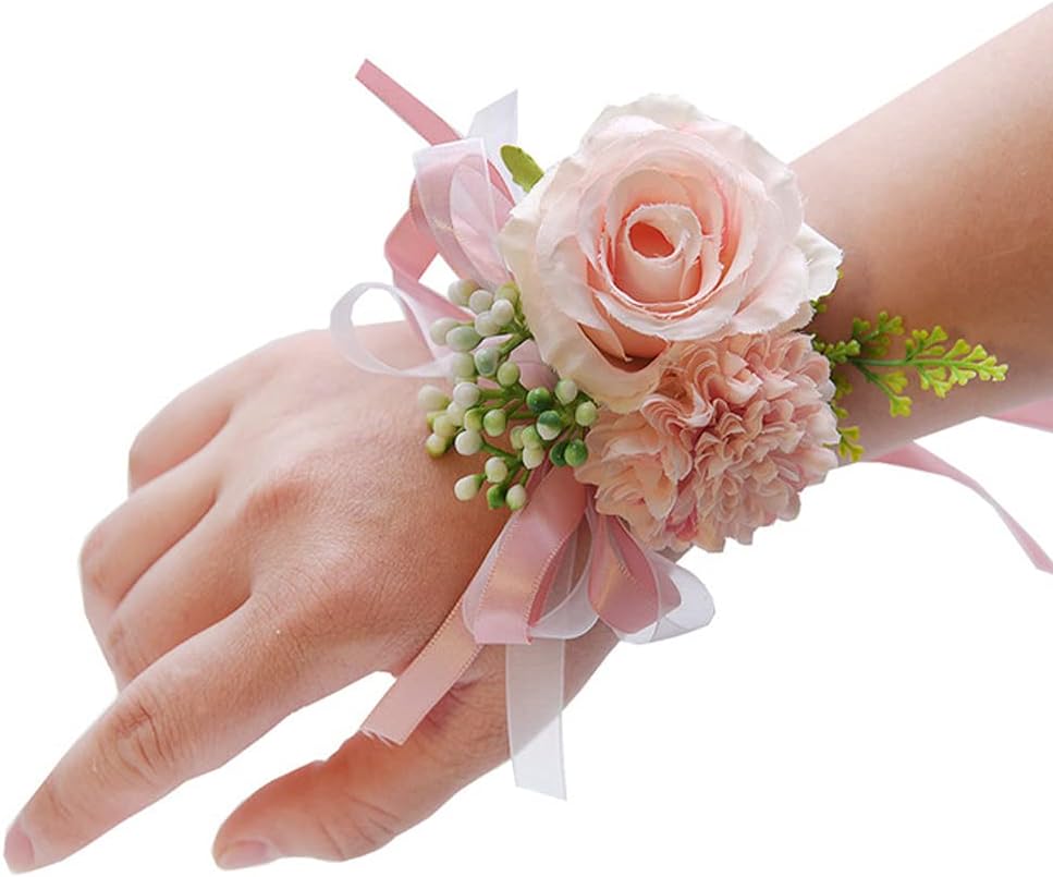 2 Pack Rose Wrist Corsages Wristband Hand Flowers for Wedding Bridesmaid Bridal Shower Prom Party (2 Wrist Corsages Pink)