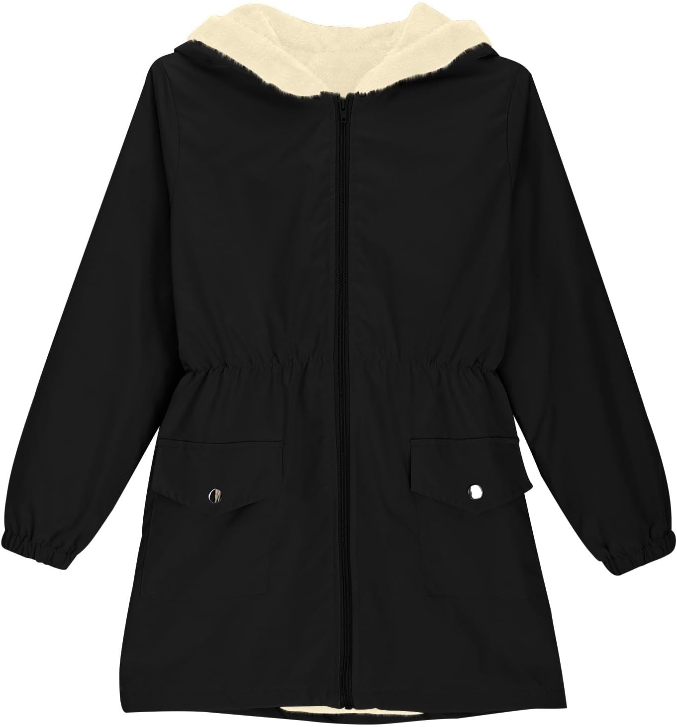 Girls Winter Coats Zip up Elastic Waist Thicken Fleece Lined Warm Winter Hooded Long Trench Coat With Pockets