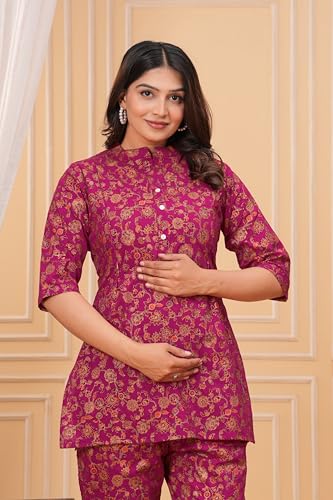 Image of Women Cotton Printed Co-Ord Set Kurta with Pant Set | Cotton Floral Printed Anarkali Maternity Feeding Kurta with Zipper /Maternity
