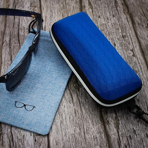 Image of Semi-Hardshell EVA Water Resistant Sunglasses Case - Slim Soft Cloth Pouch - Zipper & Carabiner Clip - Shockproof (Blue)