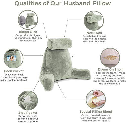 XXL Husband Pillow Desert Sage Backrest with Arms - Adult Reading Pillow Shredded Memory Foam, Ultra-Comfy Removable Microplush Cover & Detachable Neck Roll, Unmatched Support Bed Rest Sit Up Pillow - Thumbnail 7
