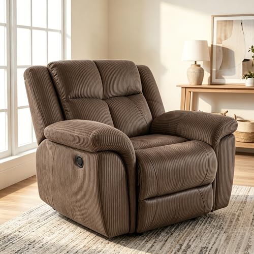 Image of Oversized Corduroy Recliner Chair, Manual Lazy Boy Recliner with Home Theater Seating, Breathable Living Room Reclining Chair for Adults Reading, Gaming, Relax, Brown