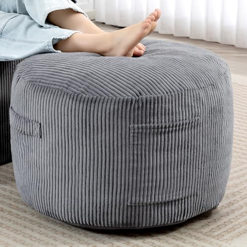 Round Stuffed Pouf Ottoman,Corduroy Foot Rest with Rebound Foam Filled, Furry and Fluffy Foot Stool Ottoman, Floor Poufs for Living Room (Gray, 26" D x 26" W x 18" H) Grey 26"D x 26"W x 18"H