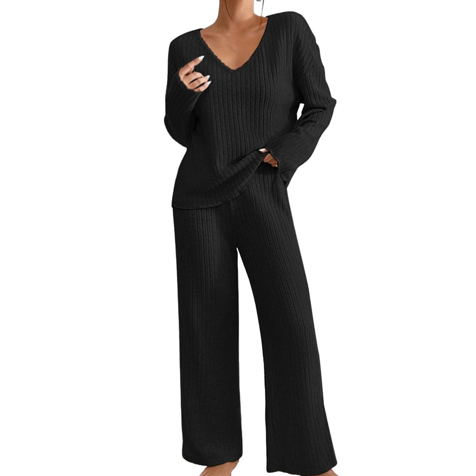 Lounge Wear Sets for Women UK Plus Size Knit Co Ord Sets 2 Piece Tracksuit Womens Full Set Sweatshirt And Wide Leg Sweatpants Jogger Set Ladies Gym Activewear Y2K Jumpsuits Fall Outfits