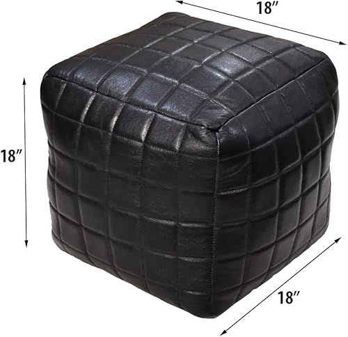 Miniatura 2 de Puf negro ecológico hecho a mano de piel de cabra cuadrada - Puf de forma cuadrada, 14" x 14"x 14", Puf geométrico, Puf de cuero de cabra, Puf