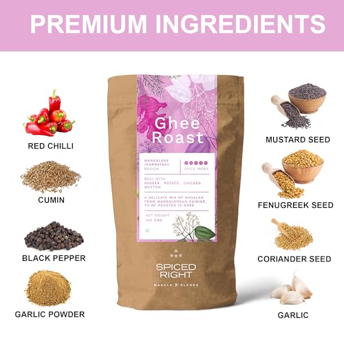 Image of Spiced Right Mangalore Ghee Roast Masala 200gm - Authentic Mangalorean Curry Spice Masala Blend with Garlic for Chicken, Prawn, Mutton, and Veg Dishes - No Artificial Colouring or Flavouring.