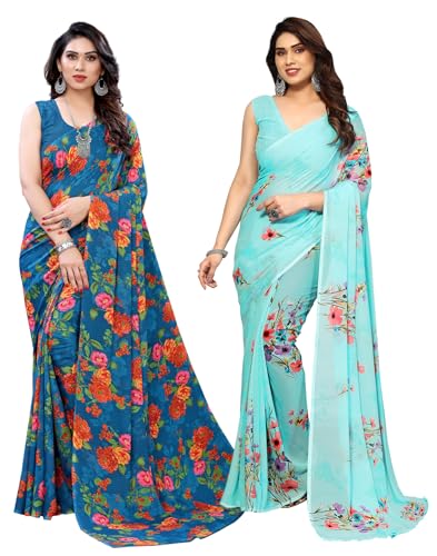 SIRIL Women's Printed Georgette Saree With Blouse Piece Combo Pack of 2