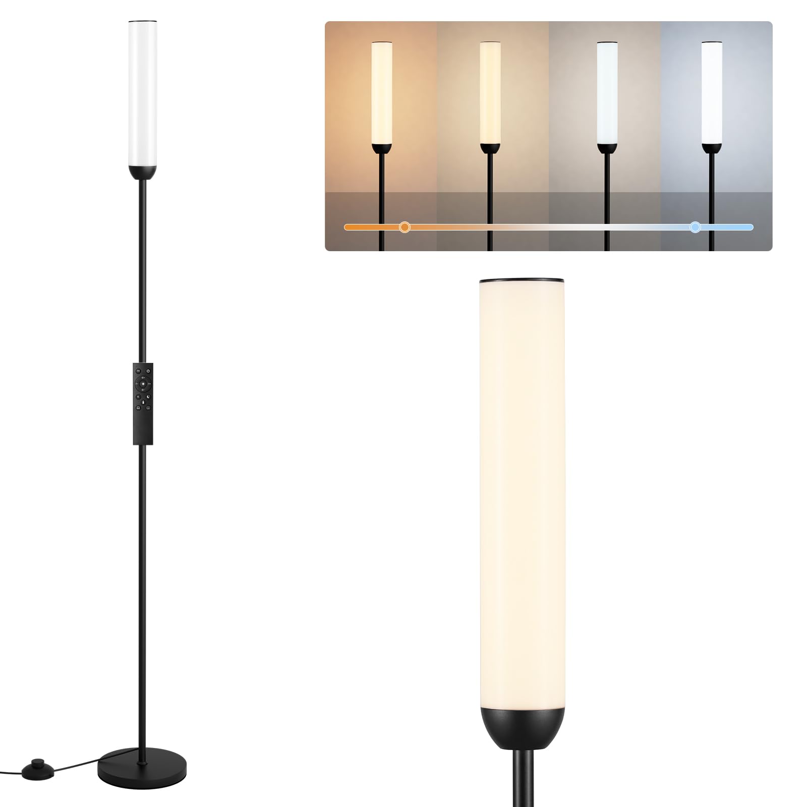 PreeOtti LED Stehlampe Wohnzimmer Dimmbar, Deckenfluter LED Dimmbar, Moderne Standleuchte Wohnzimmer mit Fernbedienung & 5 Farbtemperaturen Stufenlos, Schwarz