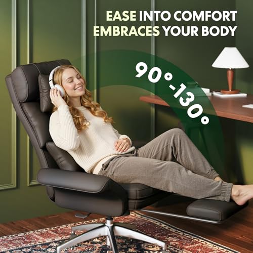 Image of FLEXISPOT Oversized Lounge Chair Indoor with Convertible Seat Width up to 44in Wheels Footrest 180 Flip Armrests, Chairs for Living Room Study Working Relaxing, Scratch-Resistant Leather, Black