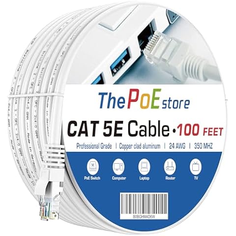ThePoEstore 100 ft Cat 5 Ethernet Cable，Cat5e Internet Network LAN Cables，350MHz RJ45 Gigabit White Snagless Patch Cord，for PC, Server, Router, Modem, TV, PS5 Ethernet Device Cover