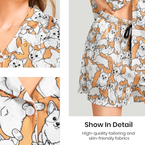 Image of Funny Pajamas for Women Set Print Satin Loungewear Pjs Short Sleeve Button Down Top and Shorts Sets Sleepwear XS-3XL