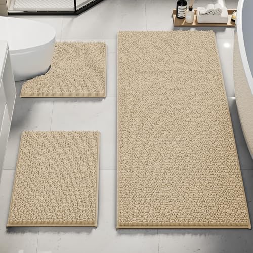 Bathroom Rug Set 3P Chenille Non-Slip Bath Mats Beige