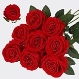 MARTINE MALL 8PCS Velvet Fake Roses, Red Roses Artificial Flowers, Long Stem Roses Real Touch Faux Roses Bouquet Valentine's Day Decor for Wedding Party Mother's Day Office Centerpiece Arrangement
