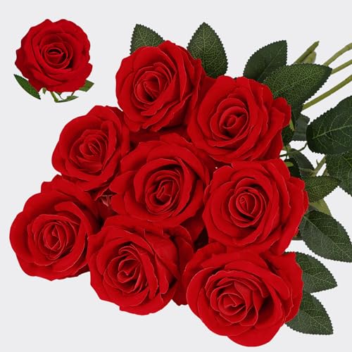 MARTINE MALL 8PCS Velvet Red Roses Artificial Flowers, Fake Roses Long Stem, Real Touch Faux Roses Bouquet Upgraded Artificial Red Roses for Home Wedding Party Office Hotel Centerpiece Arrangement
