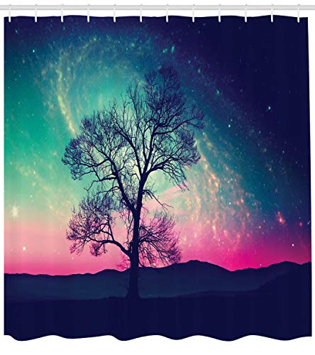 ABAKUHAUS Galaxy Shower Curtain, Vibrant Stars Space Cosmic Lonely Tree Aurora Borealis - Image 2
