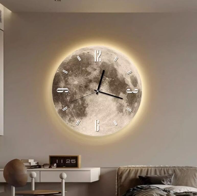 AAVEDA reloj de pared luminoso silencioso de 12 pulgadas, reloj de luz nocturna LED, sin tictac, patrón de luna redonda, decoración para sala de estar, baño y dormitorio