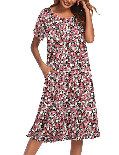Image of Ekouaer Nightgowns for Women with Pockets Button Front Short Sleeve House Dresses Floral Print Mumu Dress