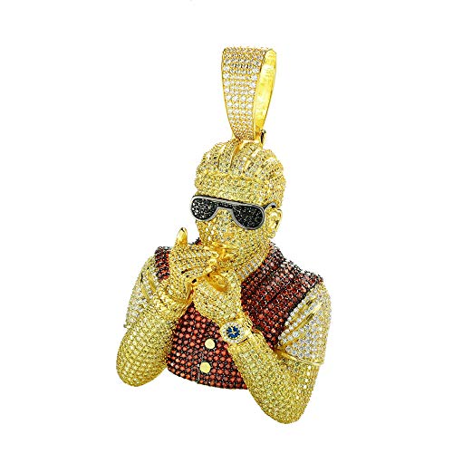 Mens 14k Gold Finish Money Icy Smoking Guy Iced Prong Set for Cuban Chain Men, Miami Fits to Cuban Link Chain Choker Necklace (Rapper Pendant Only) Fits upto 18mm Chains