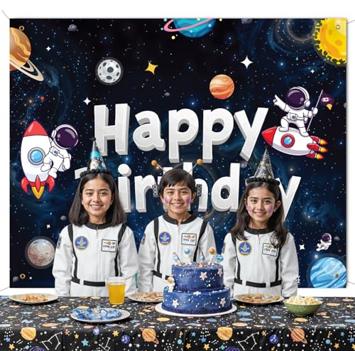 Image of Party Propz Space Theme Birthday Decoration Backdrop 2 Pcs - Outer Space Astronaut Happy Birthday Backdrop Decoration for Boys (5 x 4 Ft) with Ribbon,Astronaut Theme Decor for Kids