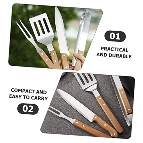 Set portátil de herramientas para barbacoa de acero inoxidable y madera miniatura 7