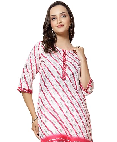 Image of Vinchic Women's Round Neck Cotton A-Line Bandhani Print Yellow Stripes Kurti (BANDHANI-123-P)