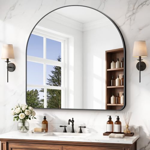 Image of BONEWEI Arched Wall Mirror,42x42 inch Black Arched Mirror Bathroom,Large Vanity Mirror for Over Sink Metal Frame,Tempered Glass Arch Mirrors for Bedroom,Entryway,Living Room,Home Decor Shatter-Proof