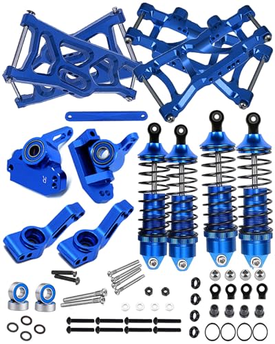 hopsupRC Front Rear Assembled Full Metal Shocks Upgrades Part for 1/10 Rustler/Stampede VXL 2WD,Alloy Suspension A Arm,Aluminum Caster Block & Steering Blocks & Rear Stub Axle Carriers,Blue