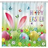 Allenjoy 72x72 inch Happy Easter Shower Curtain Cartoon Funny Rabbit Ears Spring Garden Colorful...