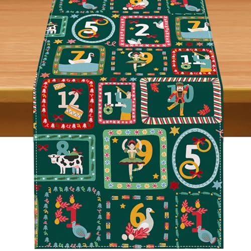 Pudodo 12 Days of Christmas Table Runner Xmas Holiday Party Decoration Picnic Kitchen Dining Room Home Decor
